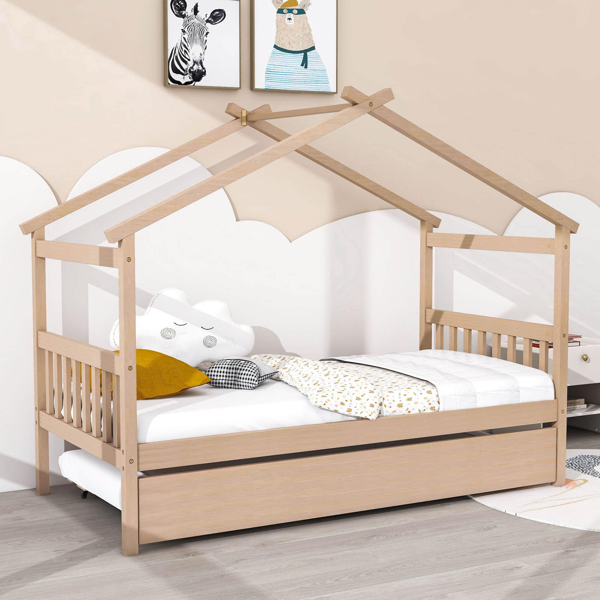 Twin Wooden House Bed with Twin Trundle Bed and Headboard