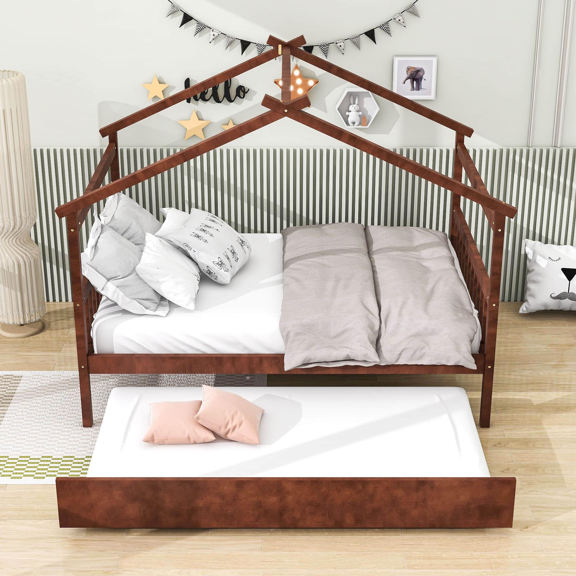 Full Size Wooden House Bed with Twin Trundle Bed and Headboard