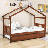 Twin Wooden House Bed with Twin Trundle Bed and Headboard