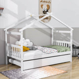 Twin Wooden House Bed with Twin Trundle Bed and Headboard