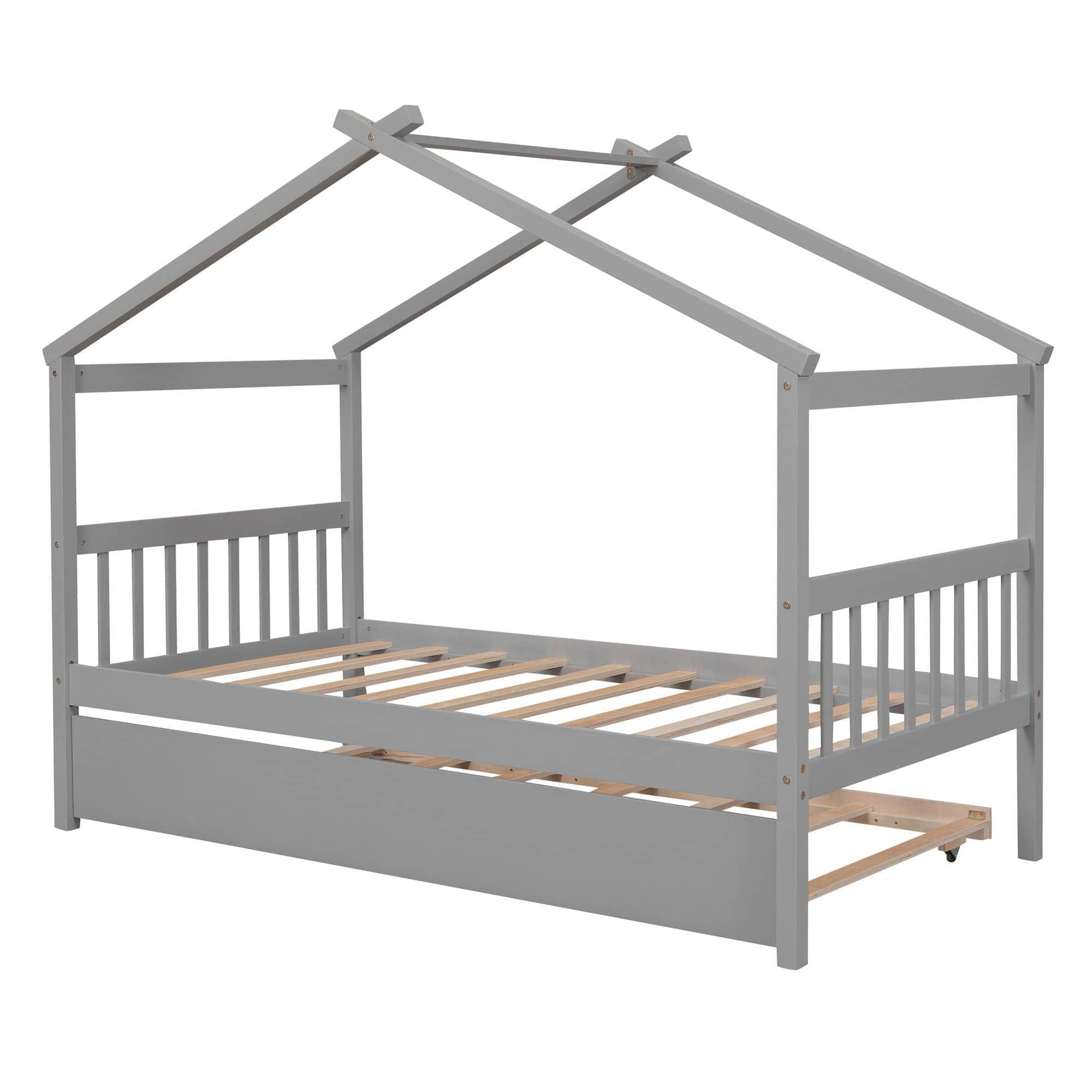 Twin Wooden House Bed with Twin Trundle Bed and Headboard