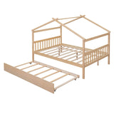 Full Size Wooden House Bed with Twin Trundle Bed and Headboard