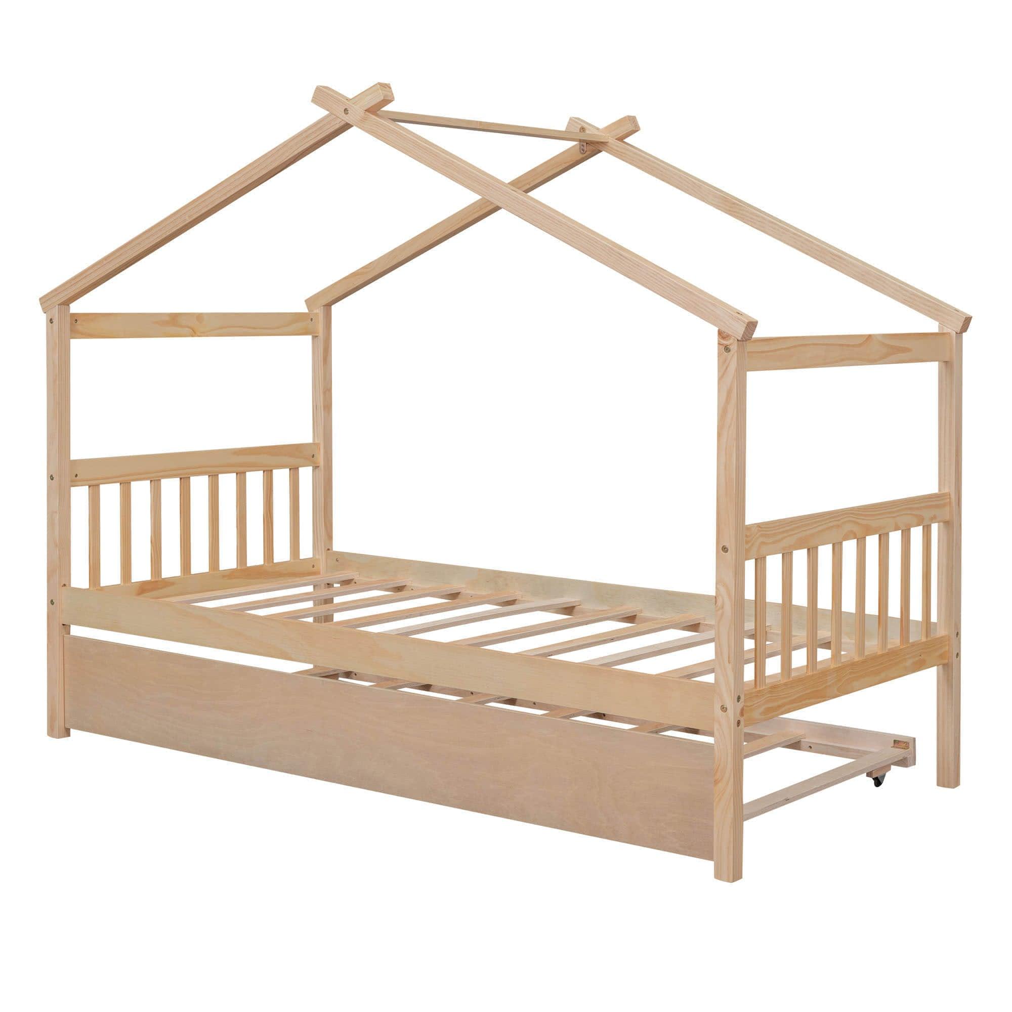 Twin Wooden House Bed with Twin Trundle Bed and Headboard