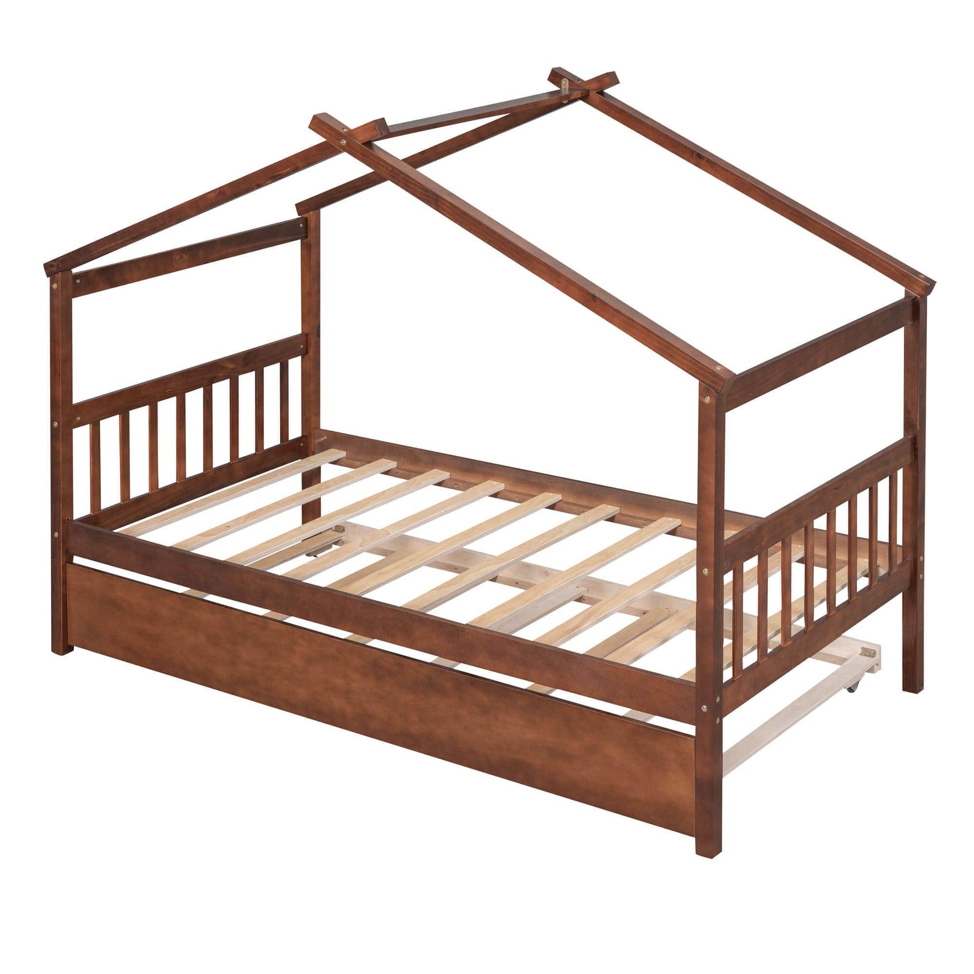 Twin Wooden House Bed with Twin Trundle Bed and Headboard