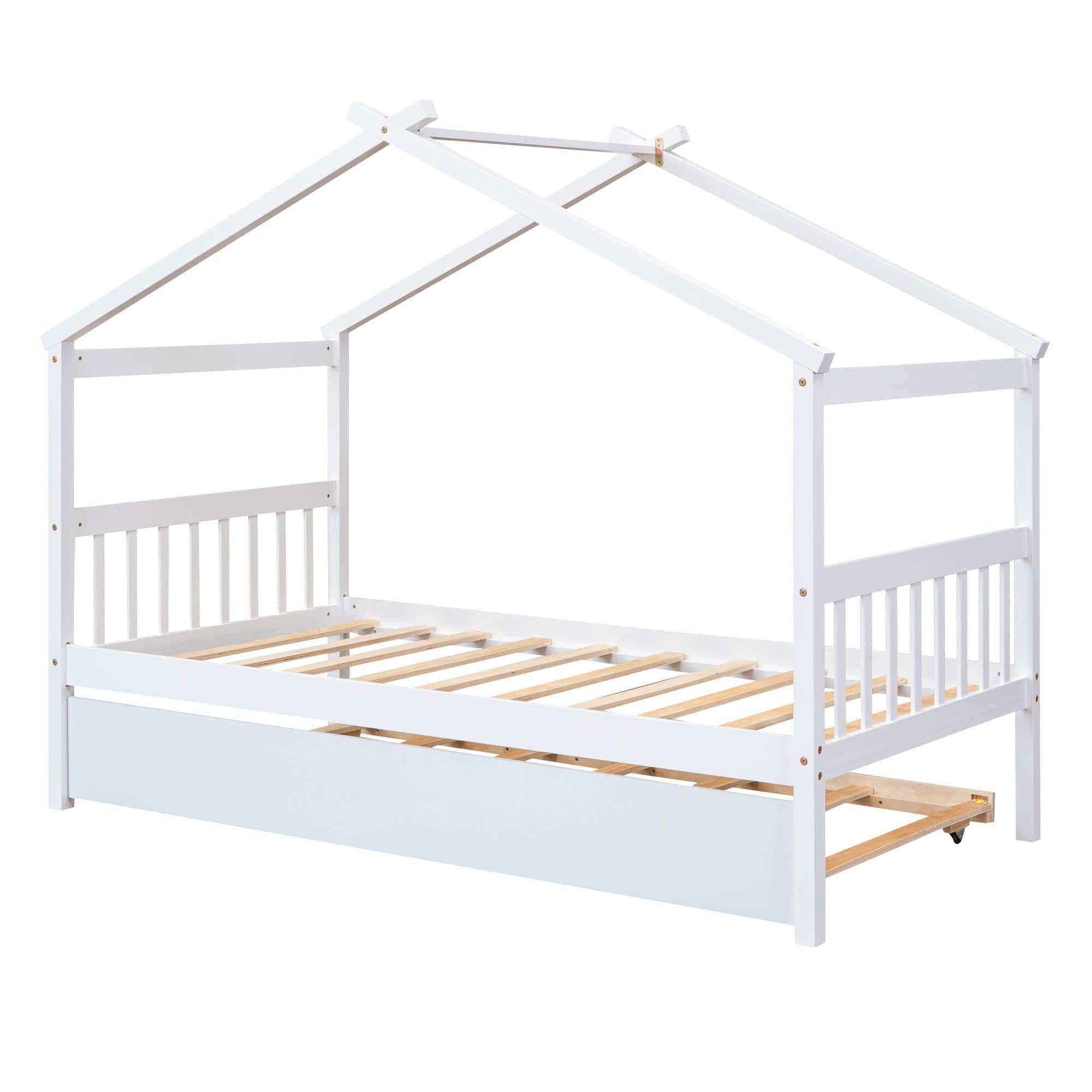 Twin Wooden House Bed with Twin Trundle Bed and Headboard