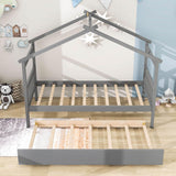 Twin Wooden House Bed with Twin Trundle Bed and Headboard