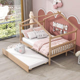 Full Size Wooden House Bed with Twin Trundle Bed and Headboard