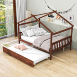 Full Size Wooden House Bed with Twin Trundle Bed and Headboard