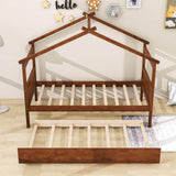 Twin Wooden House Bed with Twin Trundle Bed and Headboard