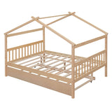 Full Size Wooden House Bed with Twin Trundle Bed and Headboard