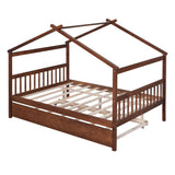 Full Size Wooden House Bed with Twin Trundle Bed and Headboard