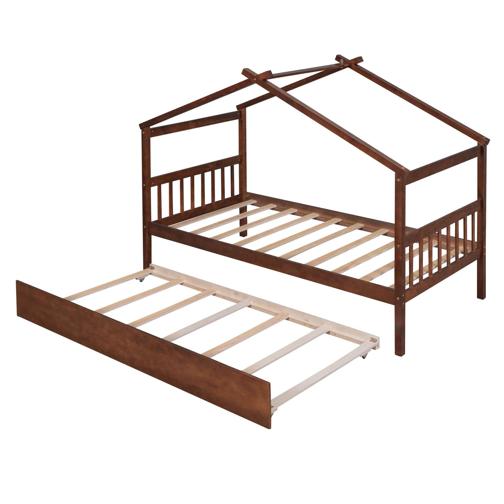 Twin Wooden House Bed with Twin Trundle Bed and Headboard