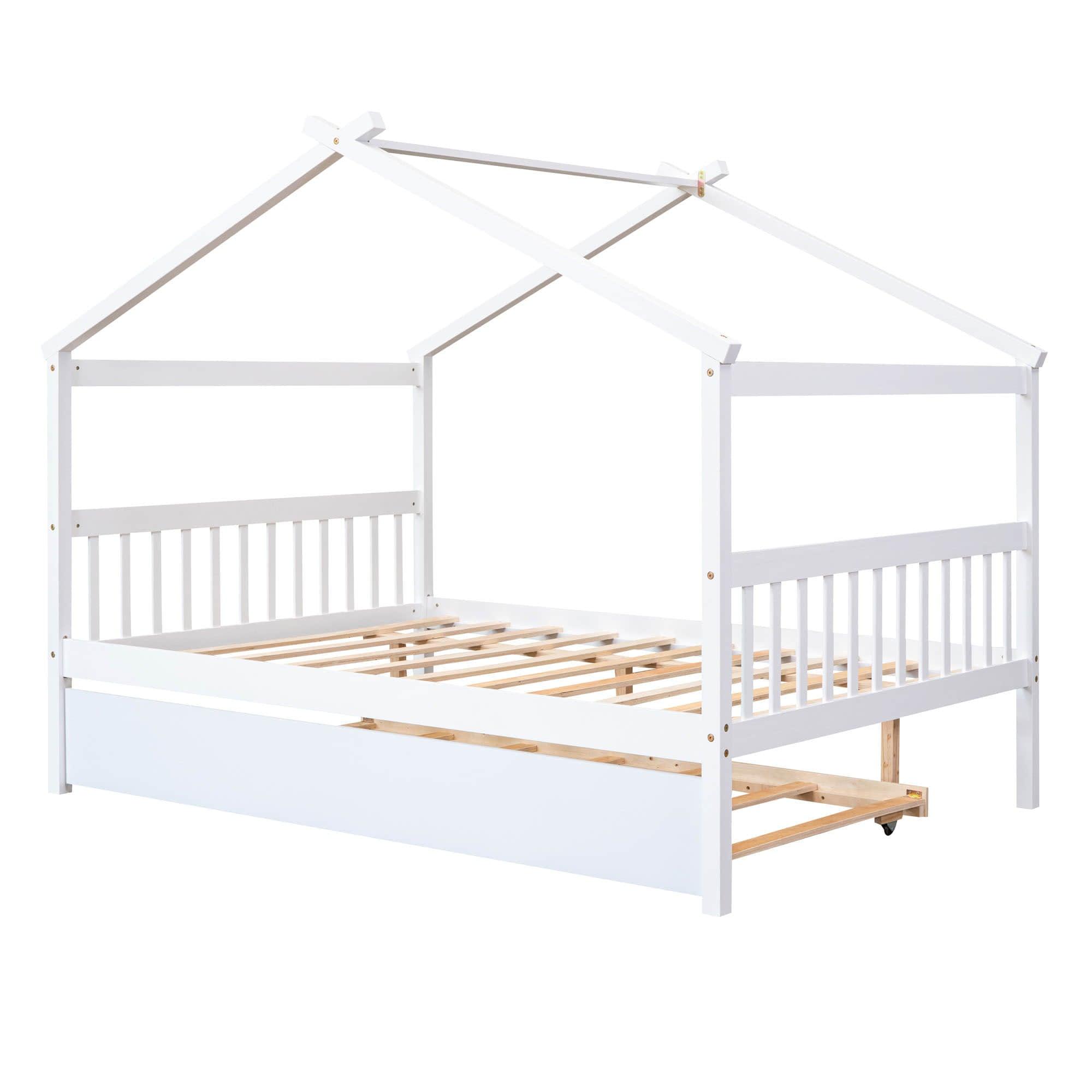 Full Size Wooden House Bed with Twin Trundle Bed and Headboard