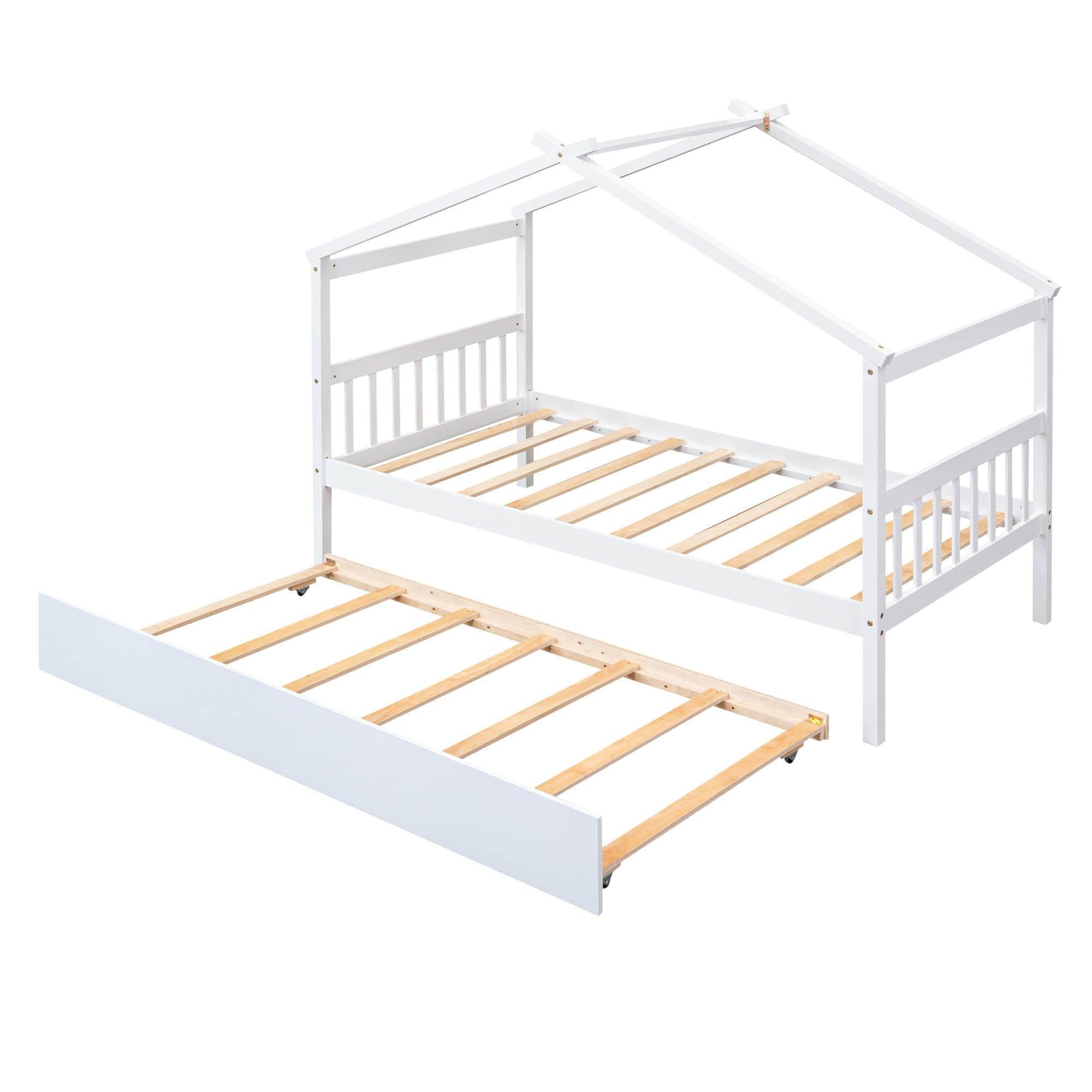 Twin Wooden House Bed with Twin Trundle Bed and Headboard