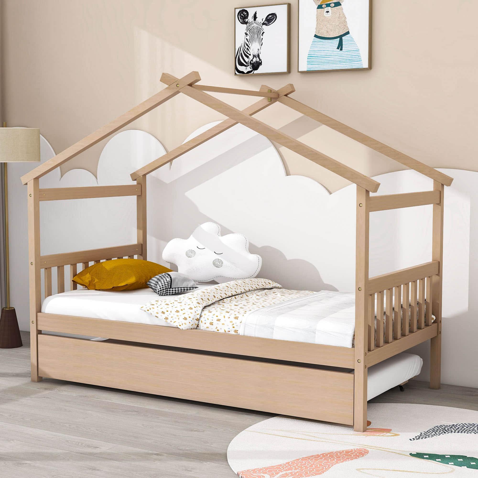 Twin Wooden House Bed with Twin Trundle Bed and Headboard