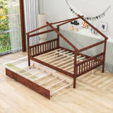 Full Size Wooden House Bed with Twin Trundle Bed and Headboard