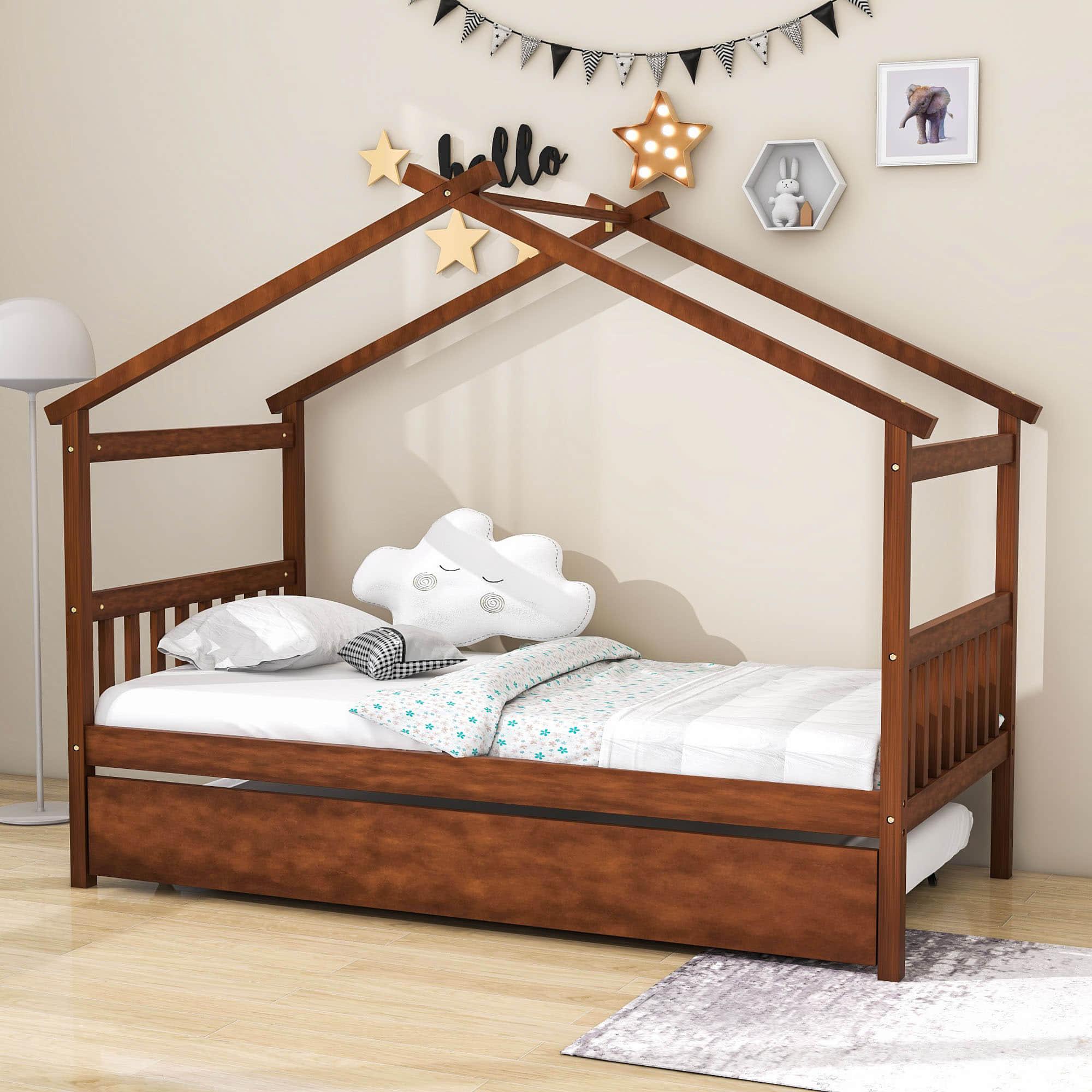 Twin Wooden House Bed with Twin Trundle Bed and Headboard