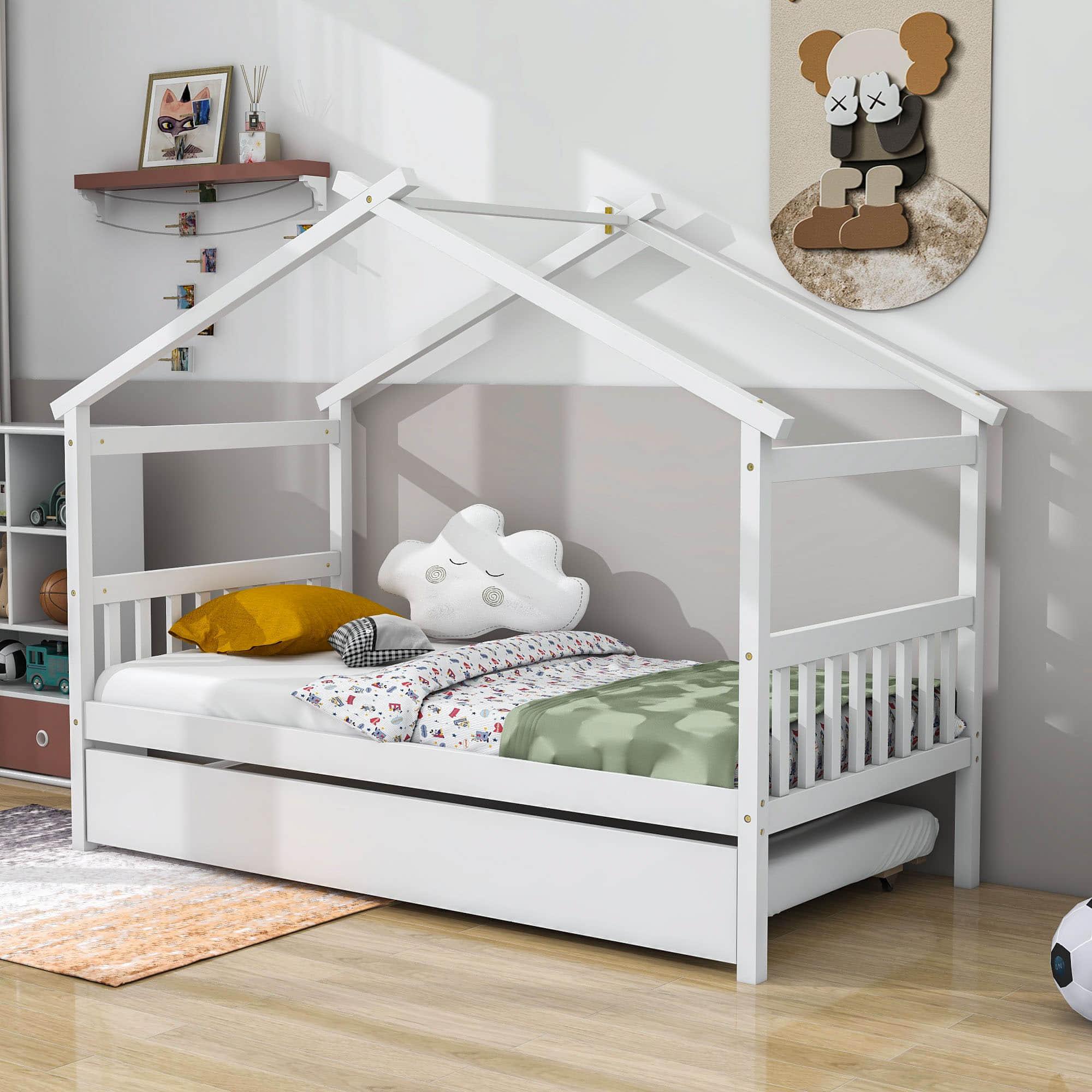 Twin Wooden House Bed with Twin Trundle Bed and Headboard