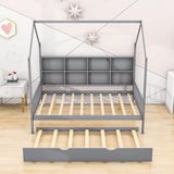 Wooden Kids House Full Size Bed with Trundle, Storage and Headboard - [Shelves]