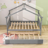 Full Size Wooden House Bed with Twin Trundle Bed and Headboard