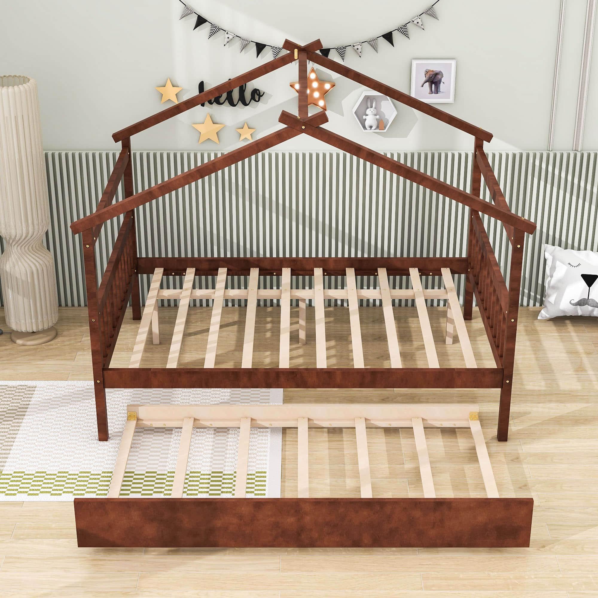 Full Size Wooden House Bed with Twin Trundle Bed and Headboard