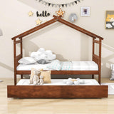 Twin Wooden House Bed with Twin Trundle Bed and Headboard