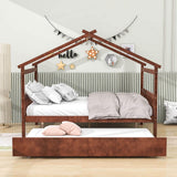 Full Size Wooden House Bed with Twin Trundle Bed and Headboard