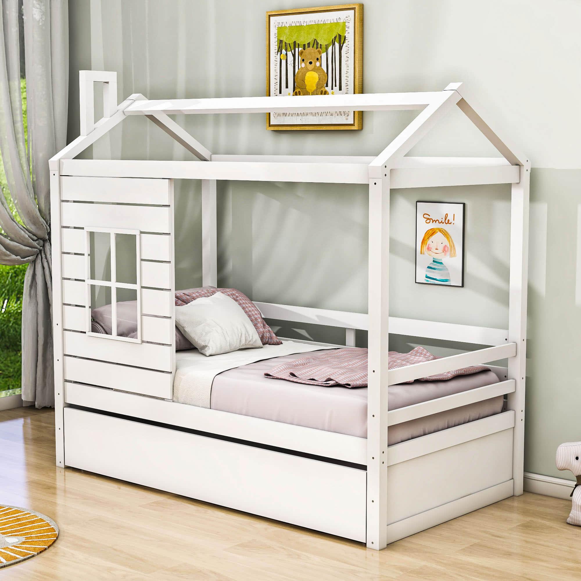 Kids Twin House Bed with Twin Trundle Bed and Rails