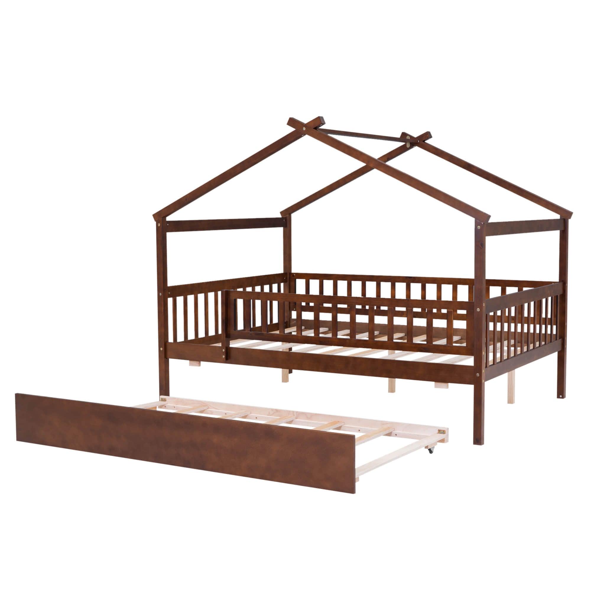 Wooden Full Size House Bed Frame with Twin Trundle for Kids, Toddler