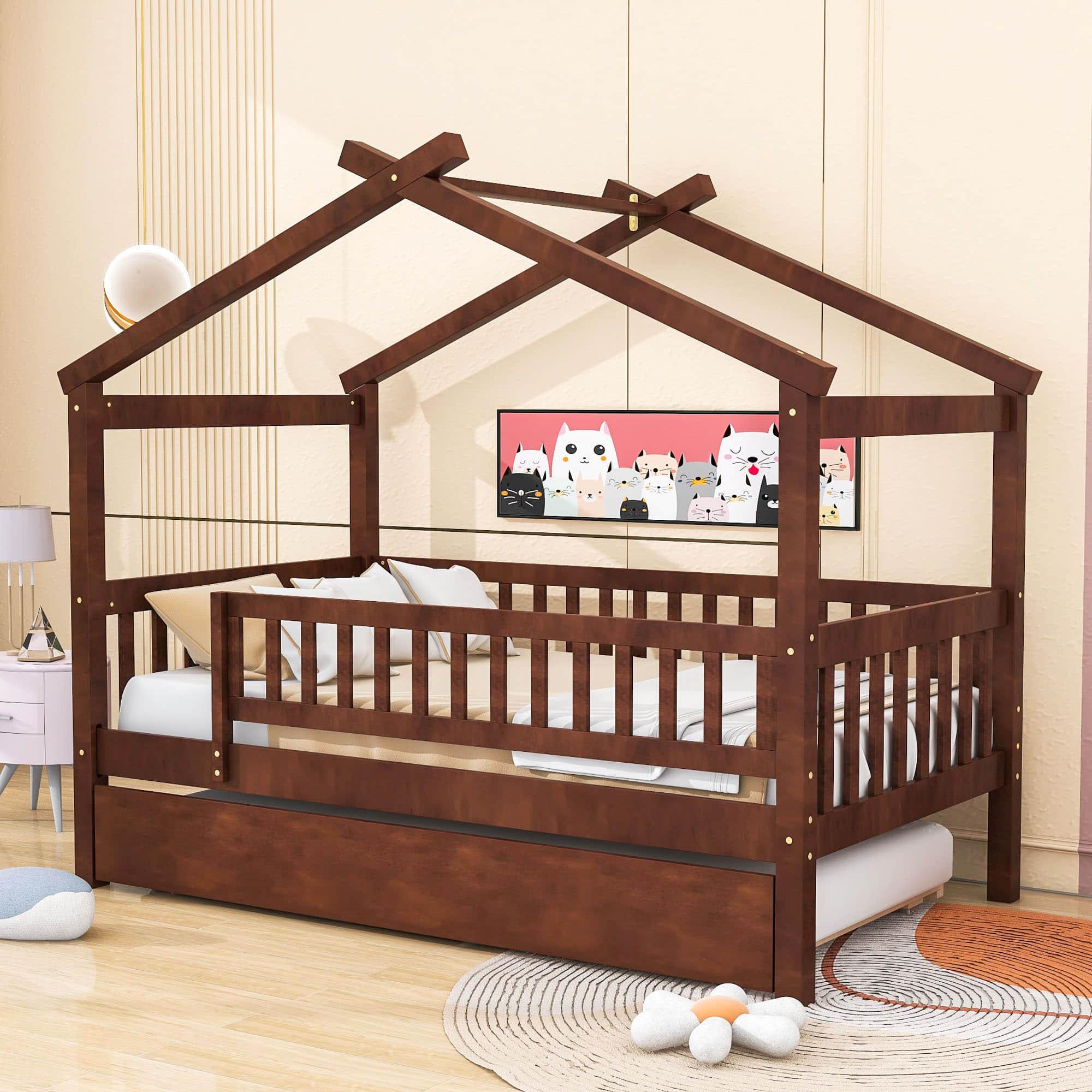 Wooden Twin House Bed with Twin Trundle for Kids, Toddler