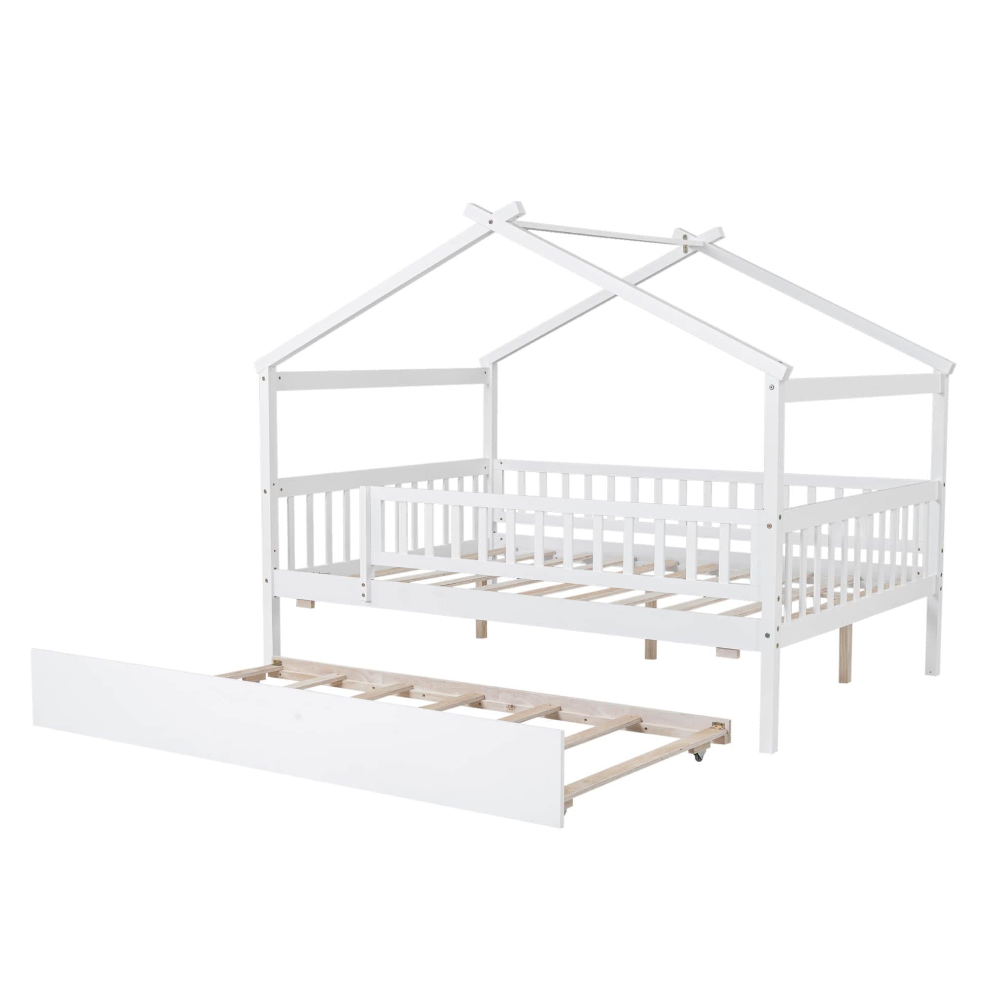 Wooden Full Size House Bed Frame with Twin Trundle for Kids, Toddler