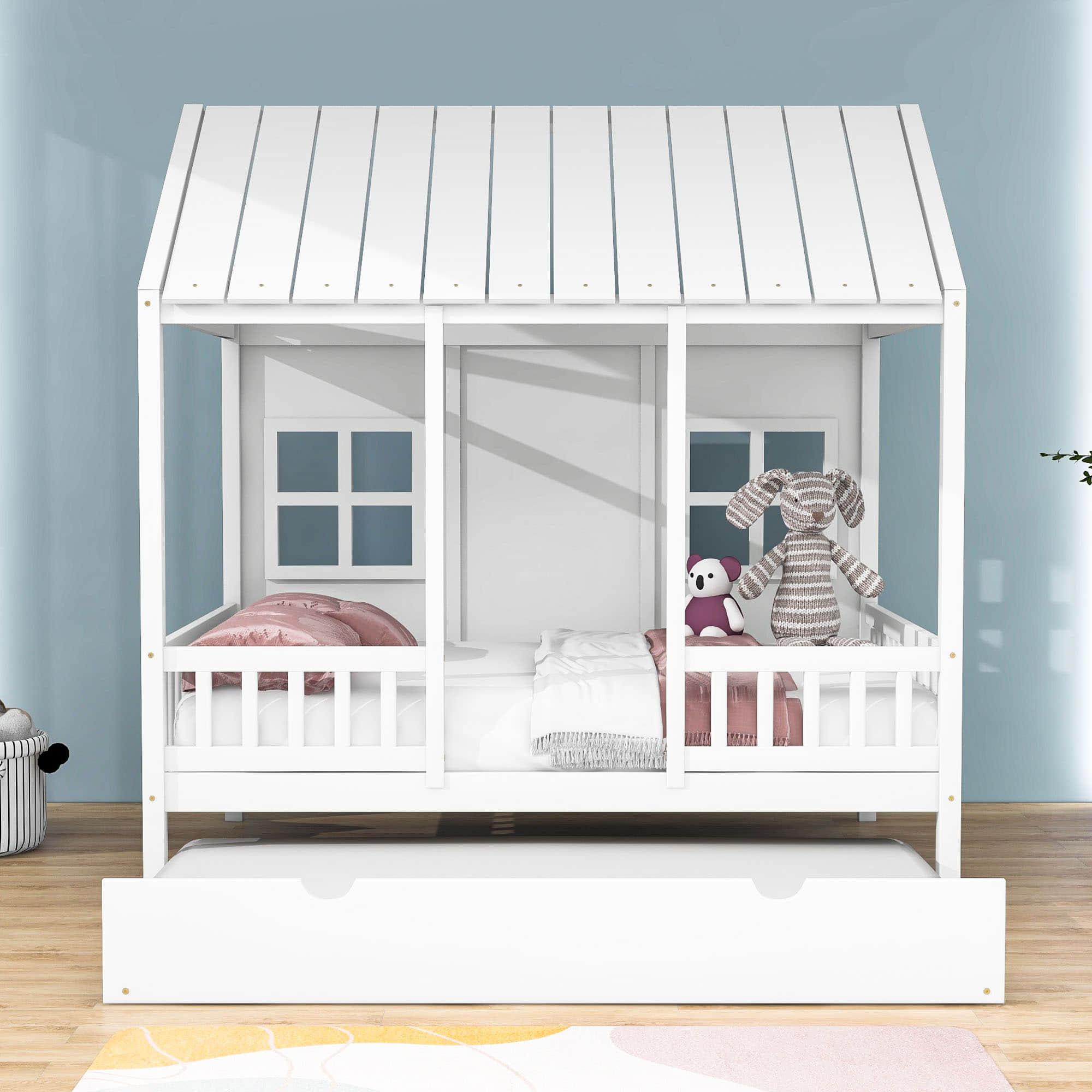 Wooden Full Size Kids House Bed with Twin Trundle Bed and Rails