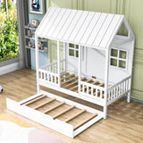 Wooden Twin House Kids Bed with Twin Trundle Bed and Rails