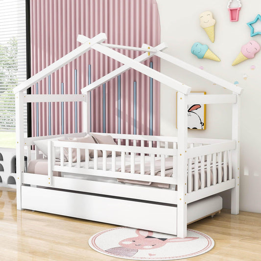 Wooden Twin House Bed with Twin Trundle for Kids, Toddler