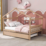 Full Size Wooden House Bed with Twin Trundle Bed and Headboard