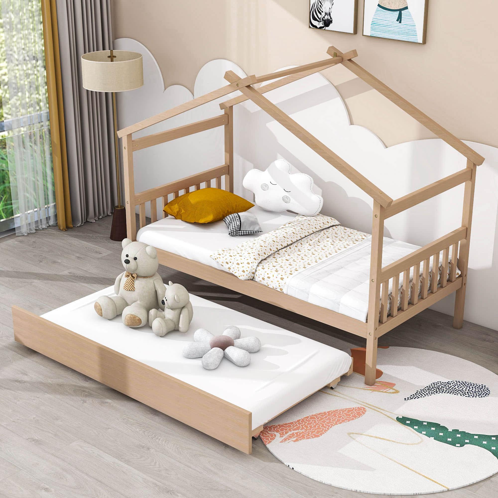 Twin Wooden House Bed with Twin Trundle Bed and Headboard