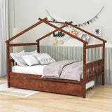 Full Size Wooden House Bed with Twin Trundle Bed and Headboard