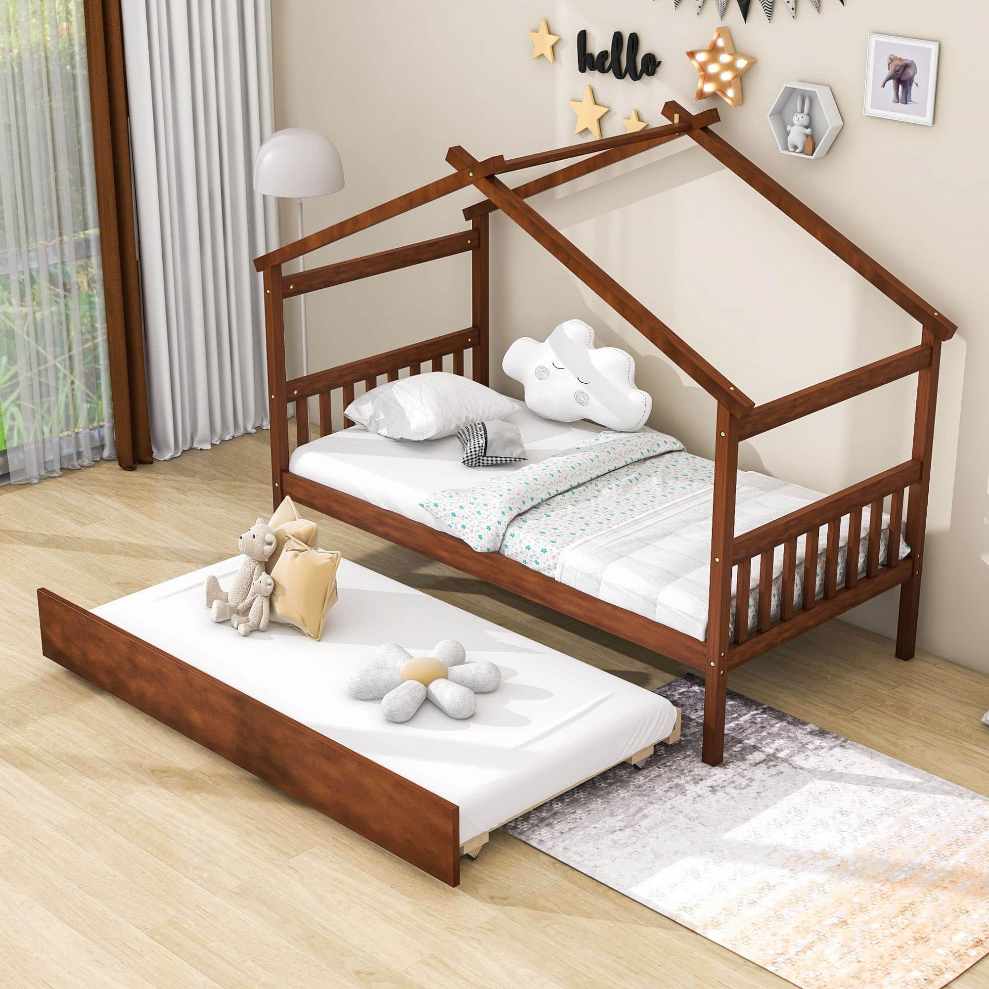 Twin Wooden House Bed with Twin Trundle Bed and Headboard