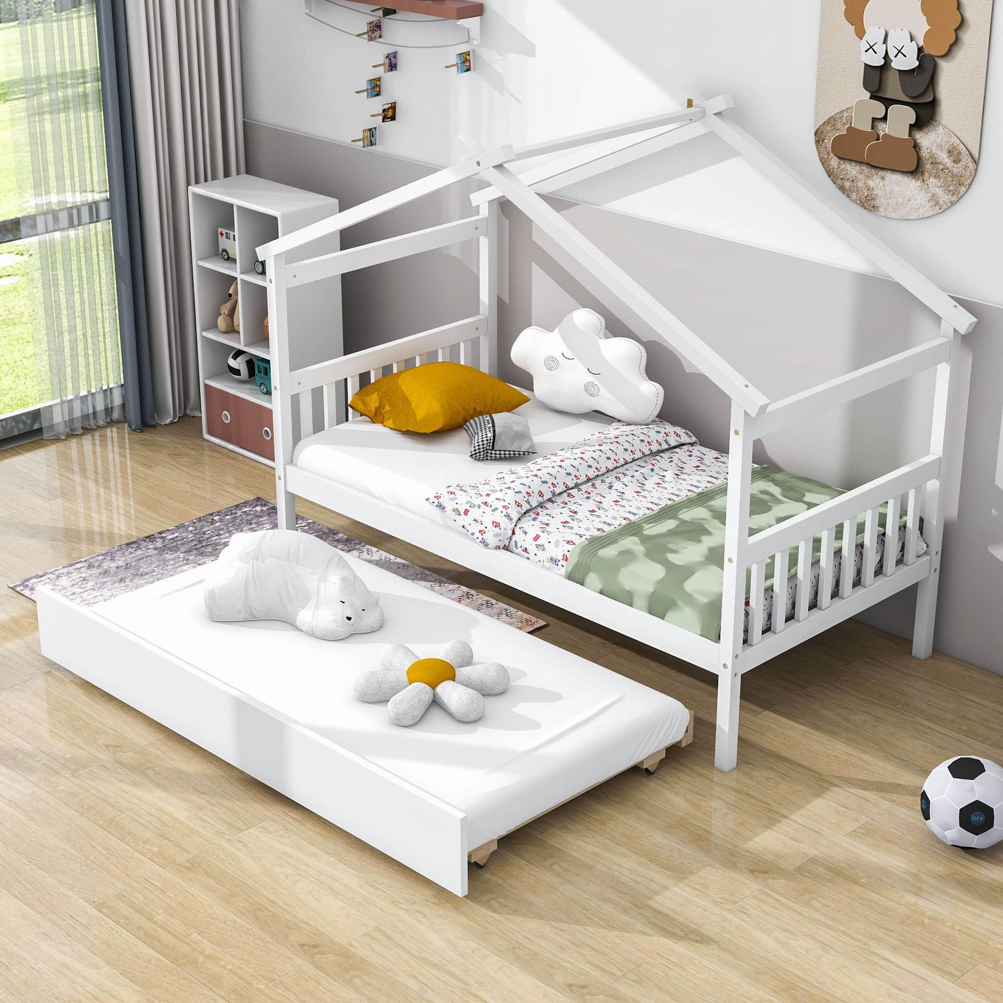 Twin Wooden House Bed with Twin Trundle Bed and Headboard