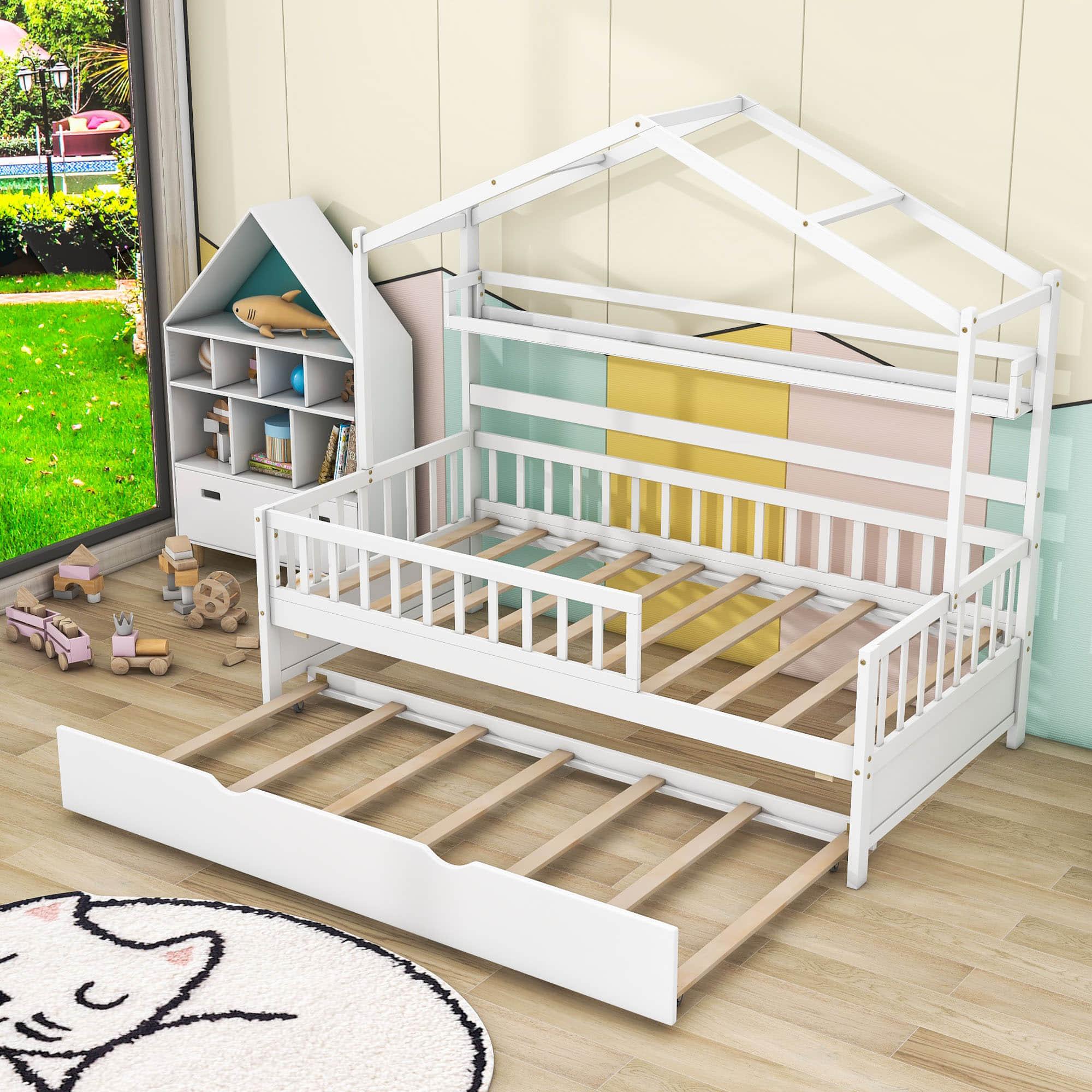 Wood Twin Size Low House Bed Frame with Storage and Twin Trundle Bed