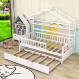 Wood Twin Size Low House Bed Frame with Storage and Twin Trundle Bed