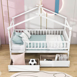 Twin Size Wood House Toddler Bed Frame with Rails and Storage