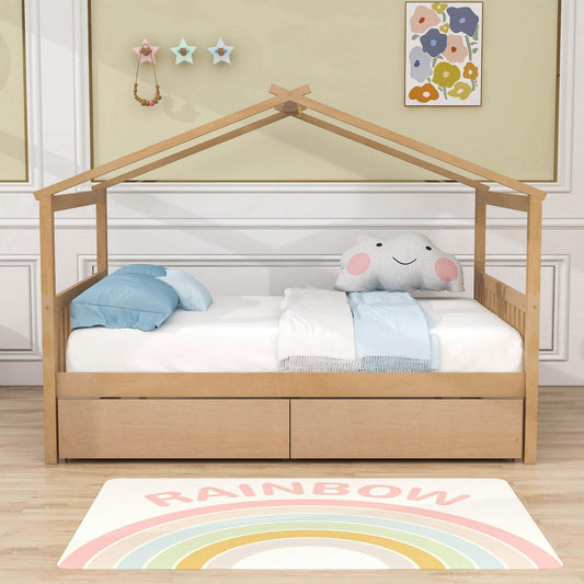 Wooden Full Size House Bed with Storage Drawers for Kids