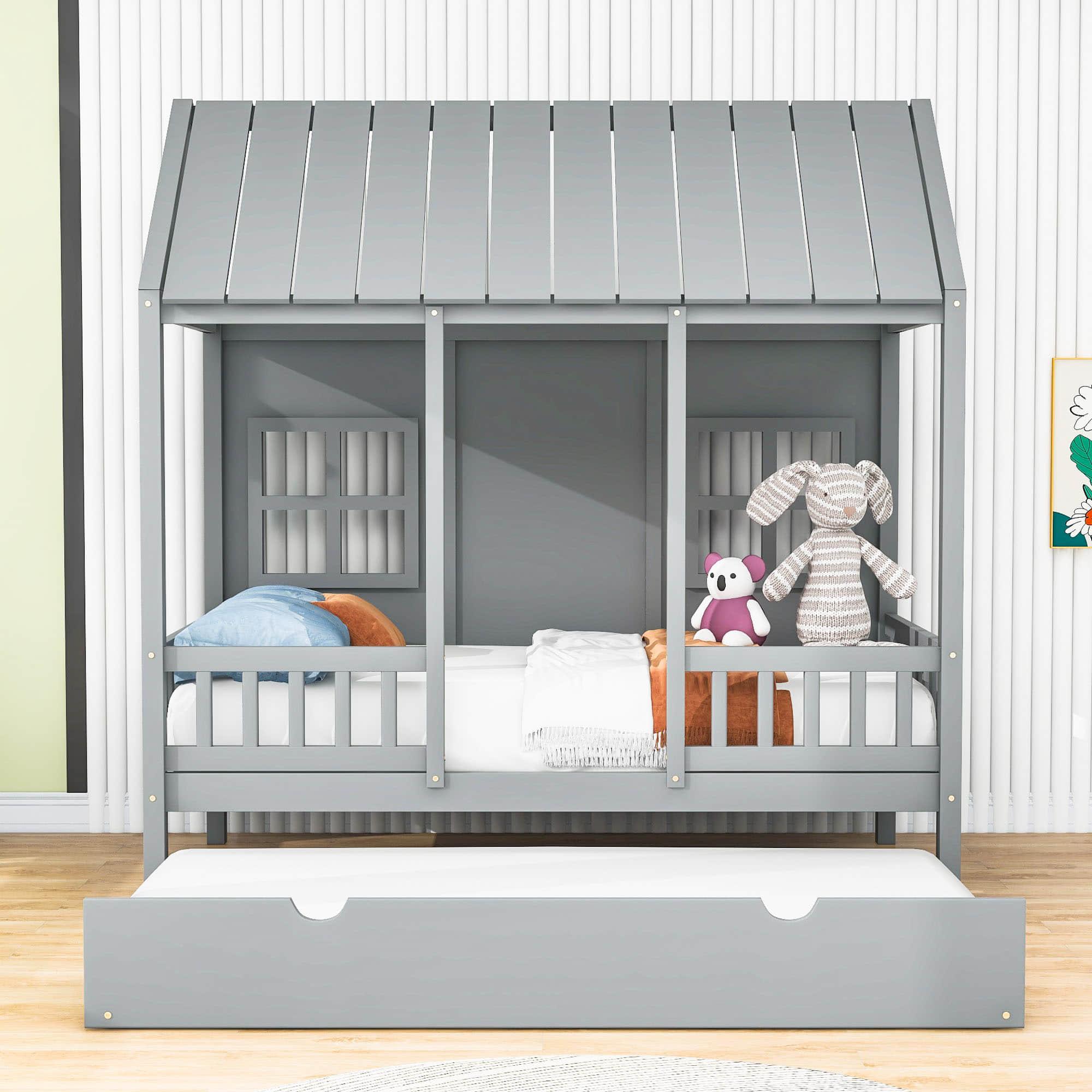 Wooden Twin House Kids Bed with Twin Trundle Bed and Rails