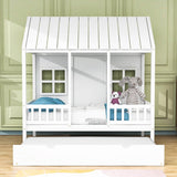 Wooden Twin House Kids Bed with Twin Trundle Bed and Rails