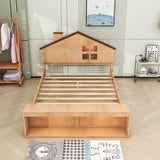 Kids Full Size Wood House Platform Bed Frame with LED Lights and Storage