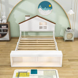 Kids Full Size Wood House Platform Bed Frame with LED Lights and Storage