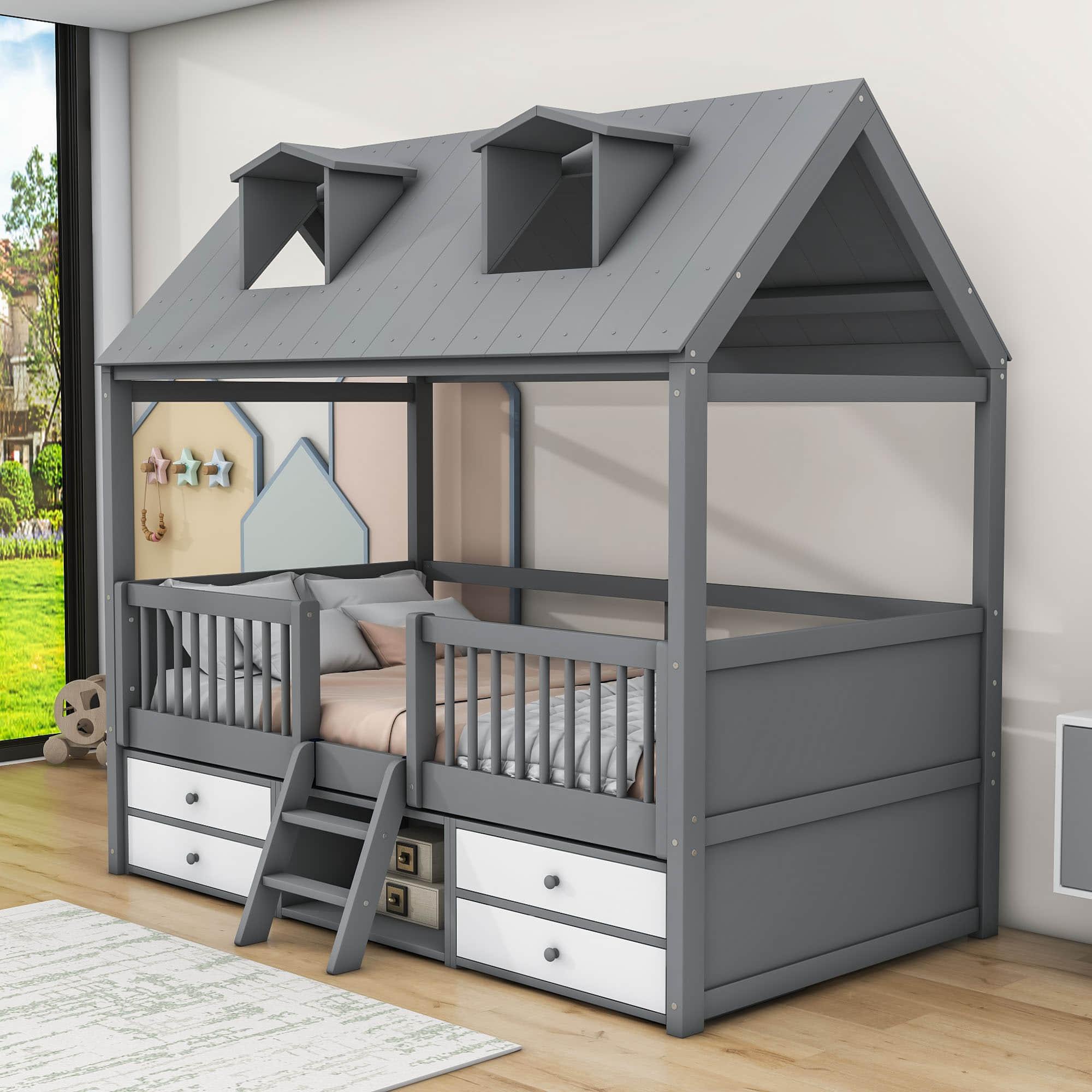 Low Twin Size Loft House Bed with Storage for Kids, Toddler - [Wooden]