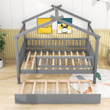 Wooden Full Size House Bed Frame with Twin Trundle for Kids, Toddler