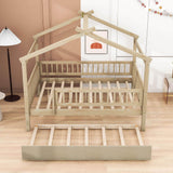 Wooden Full Size House Bed Frame with Twin Trundle for Kids, Toddler